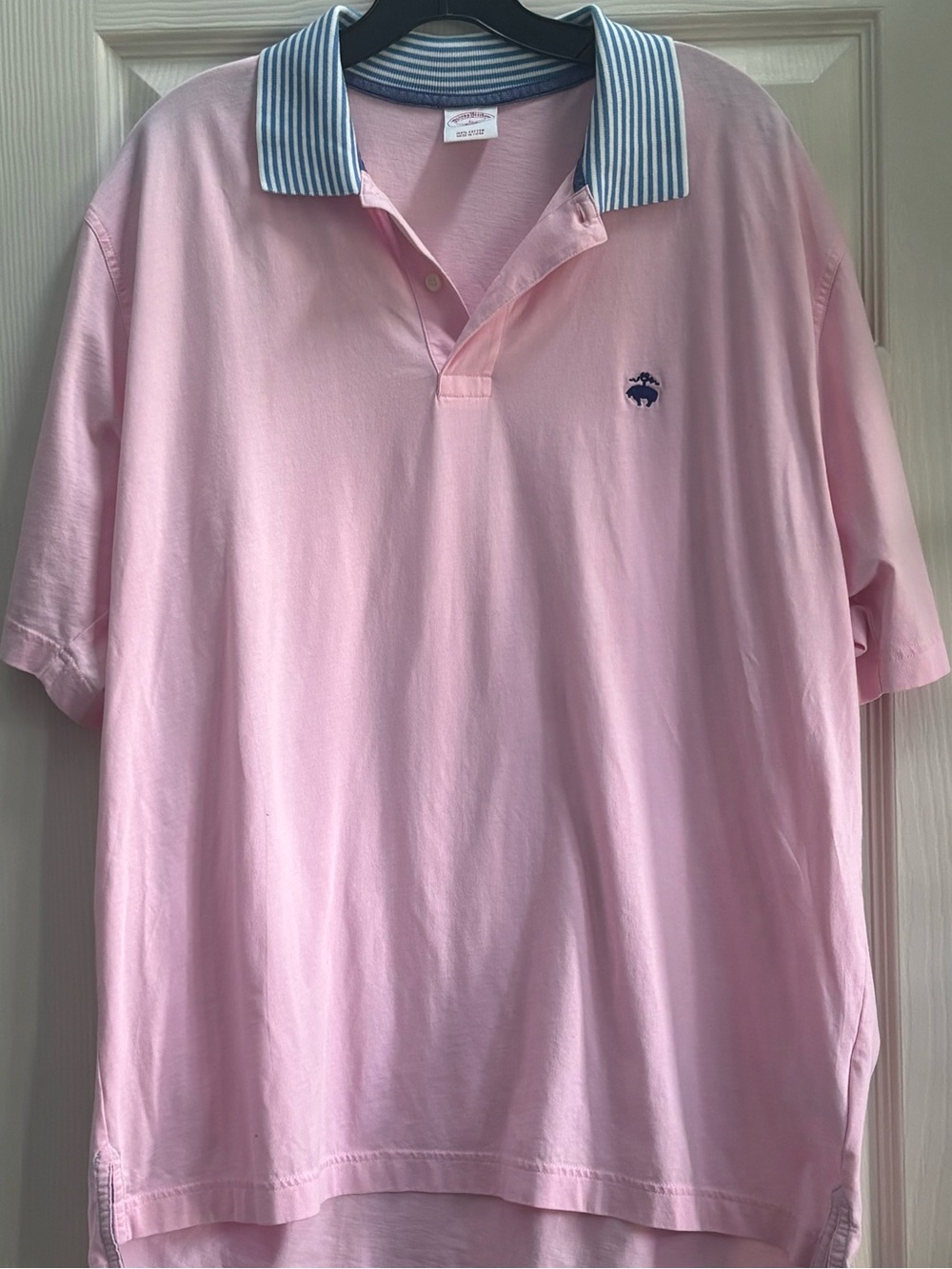 Brooks Brothers Pink Polo with Blue-Striped Collar Preppy Cotton Shirt